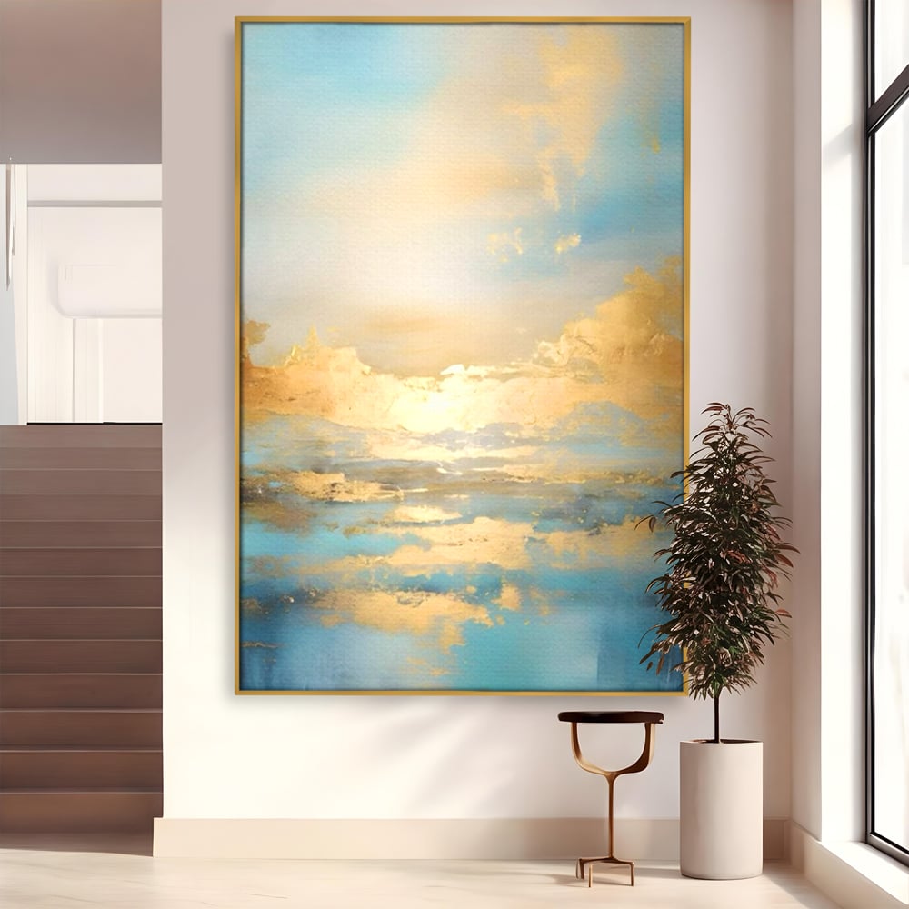 Tablou canvas cu tablou canvas cu peisaj marin abstract, in rama de aluminiu auriu